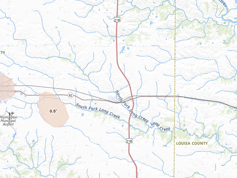 Radar-estimated hail-size map of the storm over Ainsworth, IA on Jun 16, 2026