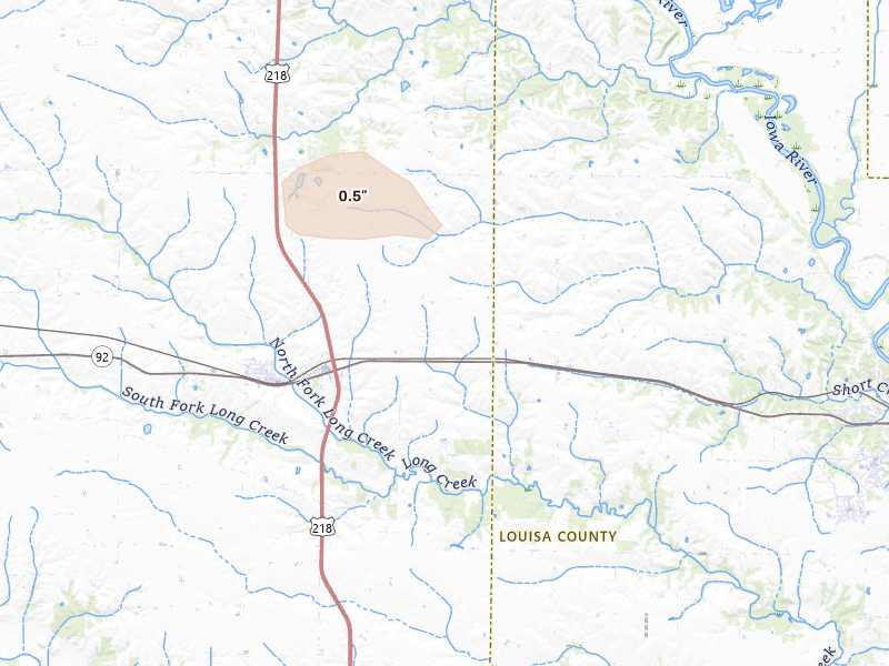 Radar-estimated hail-size map of the storm over Ainsworth, IA on Aug 12, 2026