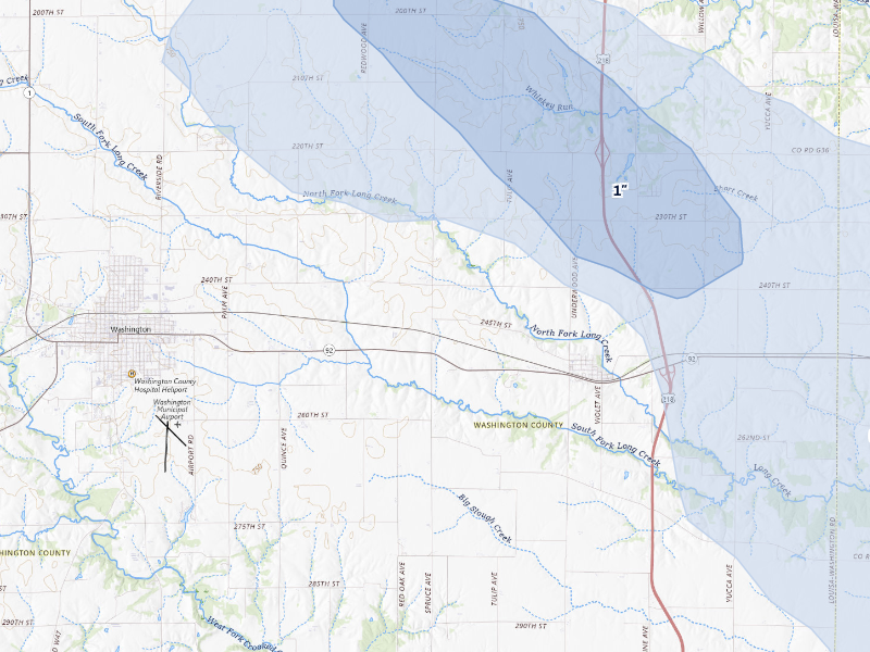 NEXRAD radar-signature map of the hail storm over Ainsworth, IA on Aug 12, 2026
