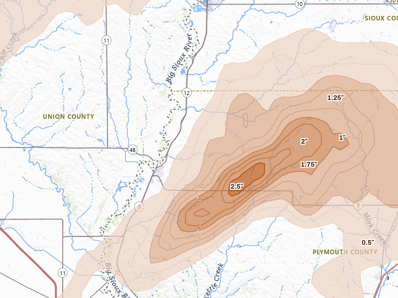 Radar-estimated hail-size map of the storm over Akron, IA on May 17, 2026