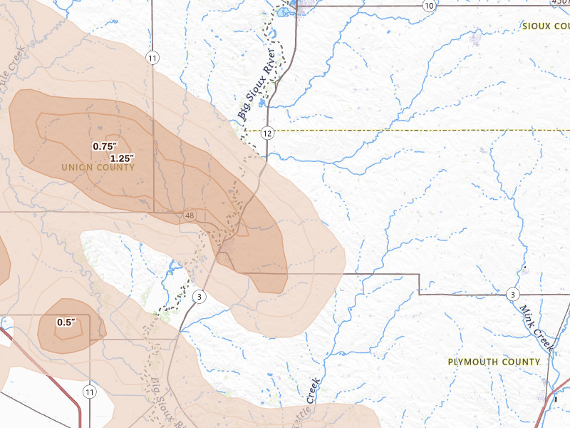 Radar-estimated hail-size map of the storm over Akron, IA on May 31, 2026