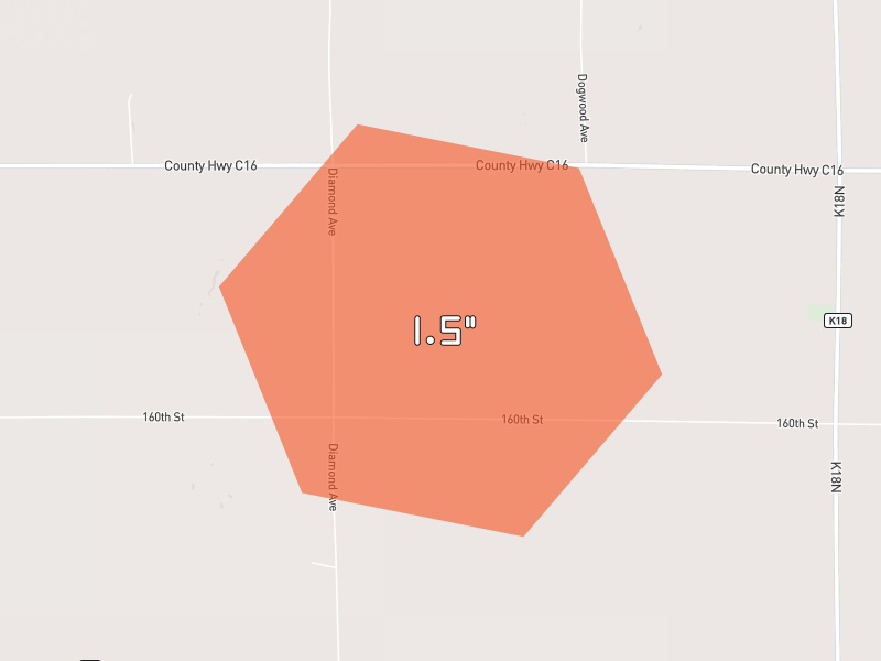 Hail map of Akron, IA on Jun 1, 2026, hail up to 1.5"
