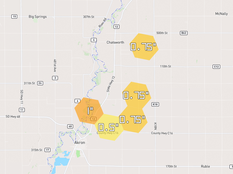 Hail map of Akron, IA on Jun 30, 2026, hail up to 1"