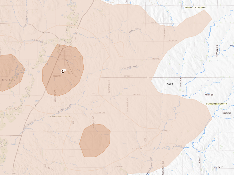 Radar-estimated hail-size map of the storm over Akron, IA on Sep 11, 2026