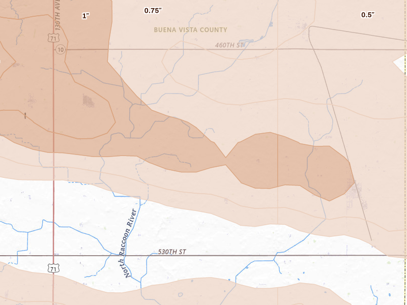 Radar-estimated hail-size map of the storm over Albert City, IA on May 15, 2026