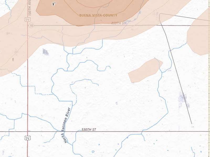 Radar-estimated hail-size map of the storm over Albert City, IA on Jun 28, 2026