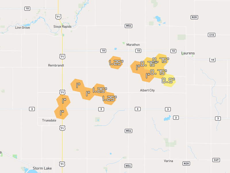 Hail map of Albert City, IA on Jun 28, 2026, hail up to 1.25"