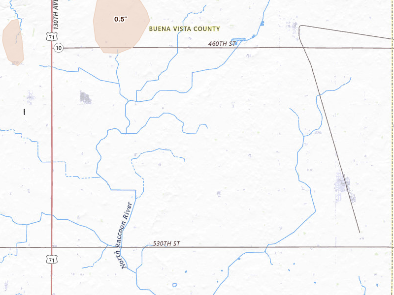 Radar-estimated hail-size map of the storm over Albert City, IA on Jul 2, 2026