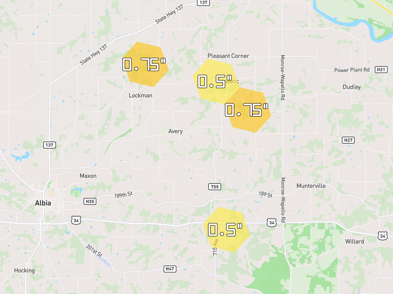 Hail map of Albia, IA on Jun 6, 2026, hail up to 0.75"