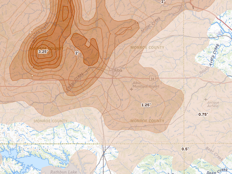 Radar-estimated hail-size map of the storm over Albia, IA on Jun 11, 2026