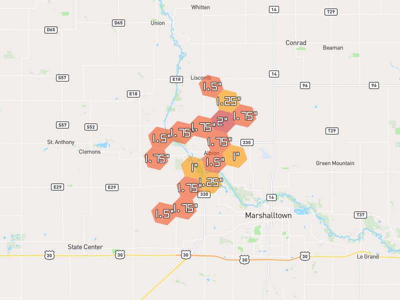 Hail map of Albion, IA on Jul 2, 2026, hail up to 2"