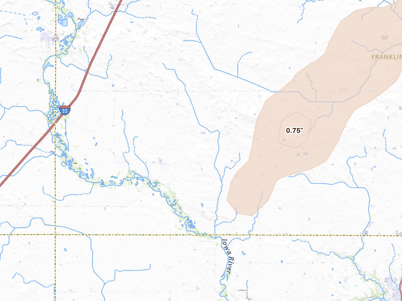 Radar-estimated hail-size map of the storm over Alden, IA on Jul 1, 2026
