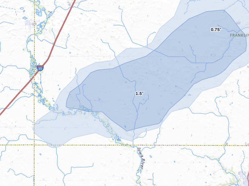 NEXRAD radar-signature map of the hail storm over Alden, IA on Jul 1, 2026