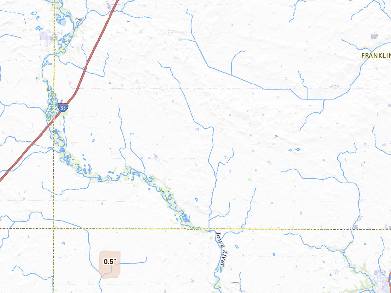 Radar-estimated hail-size map of the storm over Alden, IA on Jul 2, 2026