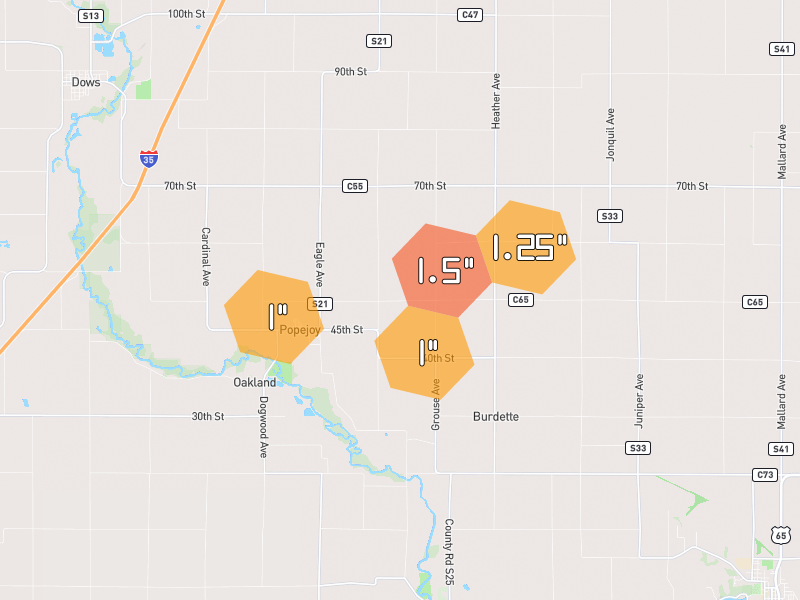 Hail map of Alden, IA on Jul 2, 2026, hail up to 1.5"