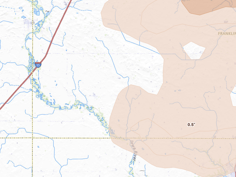 Radar-estimated hail-size map of the storm over Alden, IA on Jul 8, 2026
