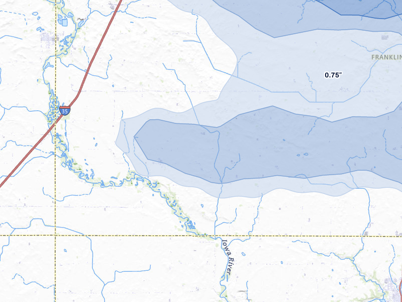 NEXRAD radar-signature map of the hail storm over Alden, IA on Jul 8, 2026