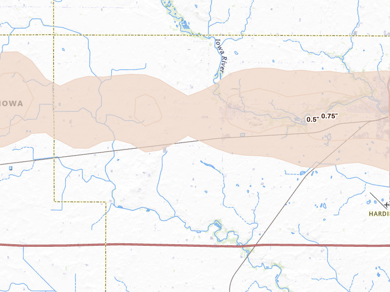 Radar-estimated hail-size map of the storm over Alden, IA on Aug 7, 2026