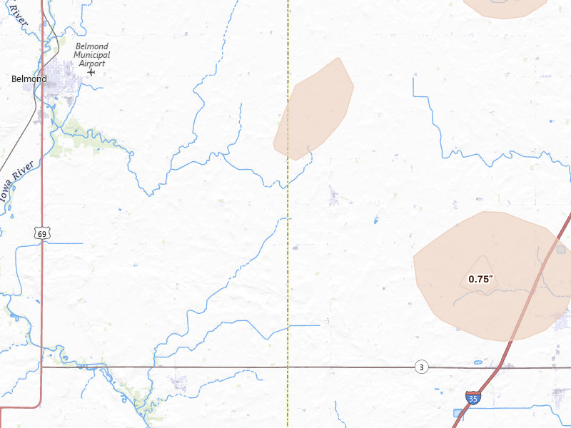 Radar-estimated hail-size map of the storm over Alexander, IA on Jul 2, 2026