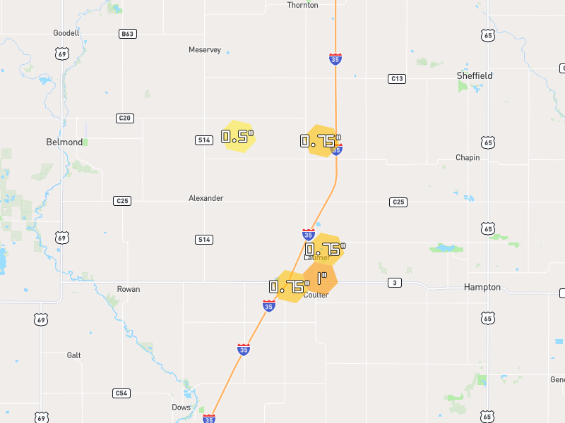 Hail map of Alexander, IA on Jul 2, 2026, hail up to 1"