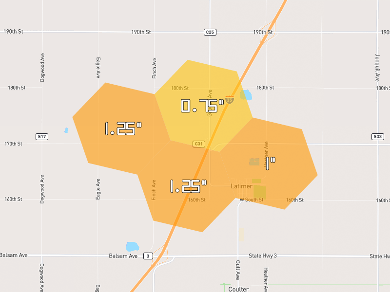 Hail map of Alexander, IA on Jul 3, 2026, hail up to 1.25"