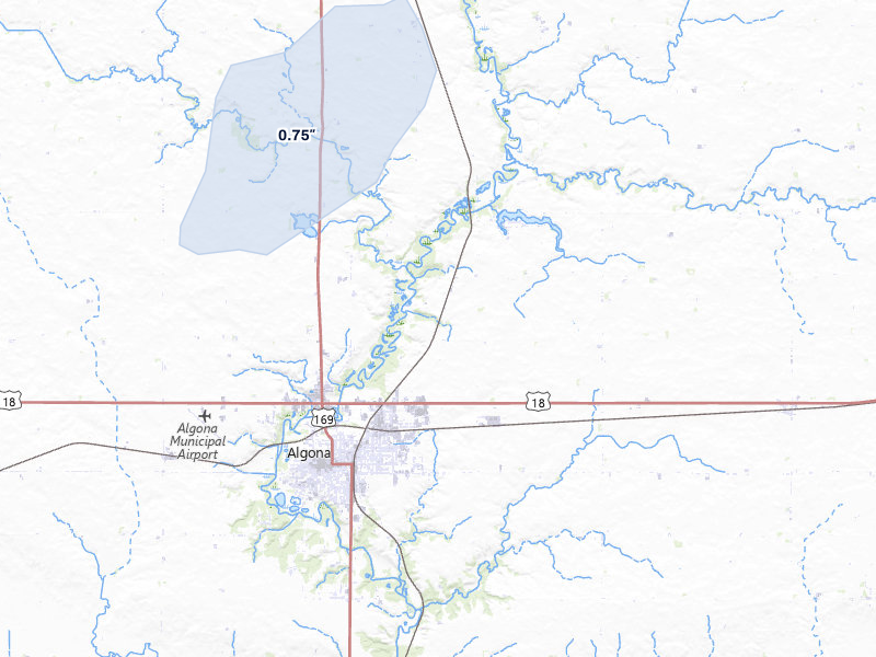 NEXRAD radar-signature map of the hail over Algona, IA