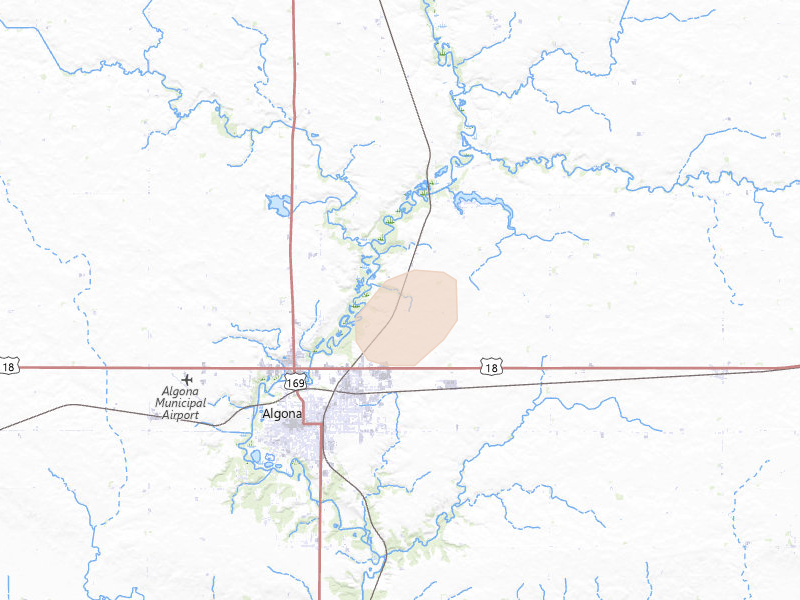 Radar-estimated hail-size map of the storm over Algona, IA on Apr 23, 2026