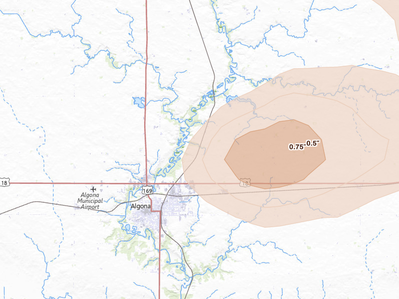 Radar-estimated hail-size map of the storm over Algona, IA on May 15, 2026