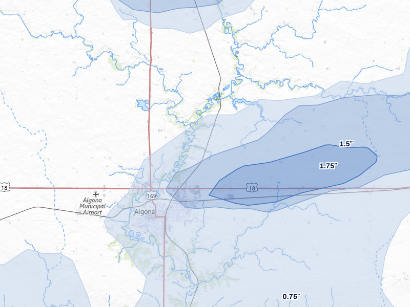NEXRAD radar-signature map of the hail storm over Algona, IA on May 15, 2026
