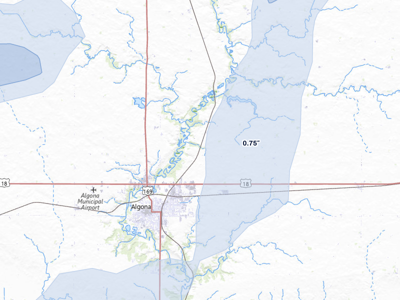 NEXRAD radar-signature map of the hail storm over Algona, IA on May 17, 2026