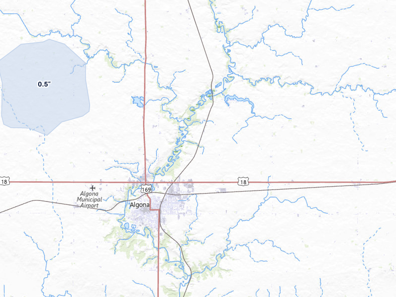 NEXRAD radar-signature map of the hail storm over Algona, IA on Jun 27, 2026