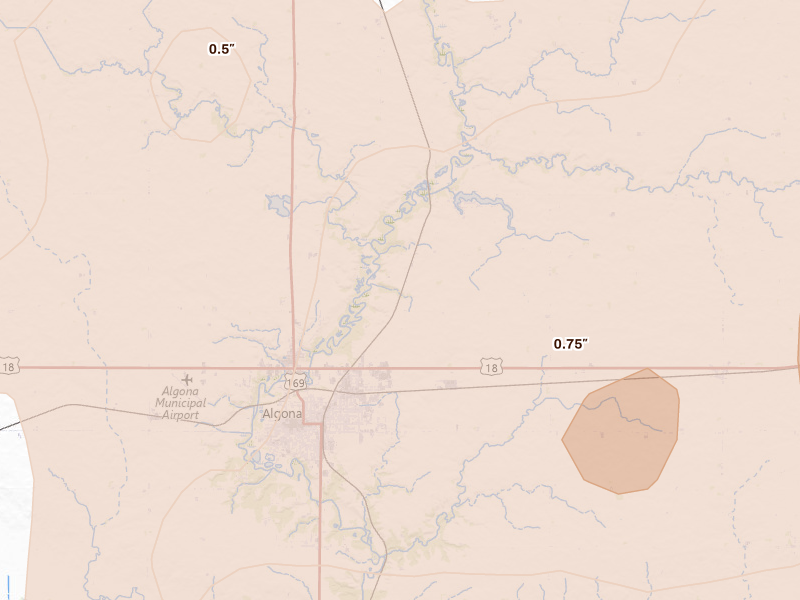 Radar-estimated hail-size map of the storm over Algona, IA on Jun 28, 2026