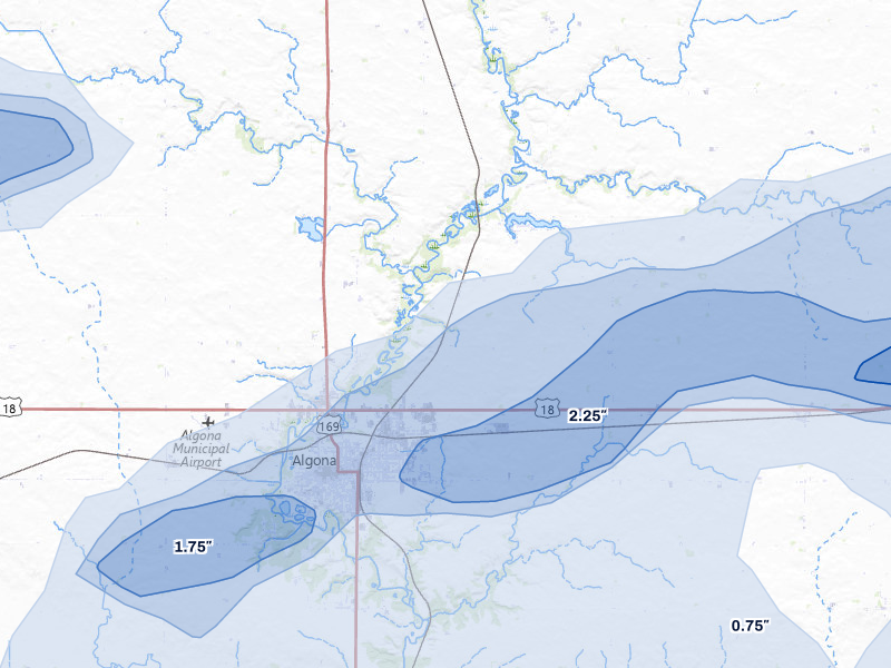 NEXRAD radar-signature map of the hail storm over Algona, IA on Jun 28, 2026