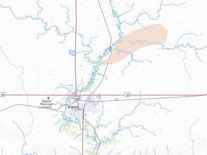 Radar-estimated hail-size map of the storm over Algona, IA on Jul 2, 2026
