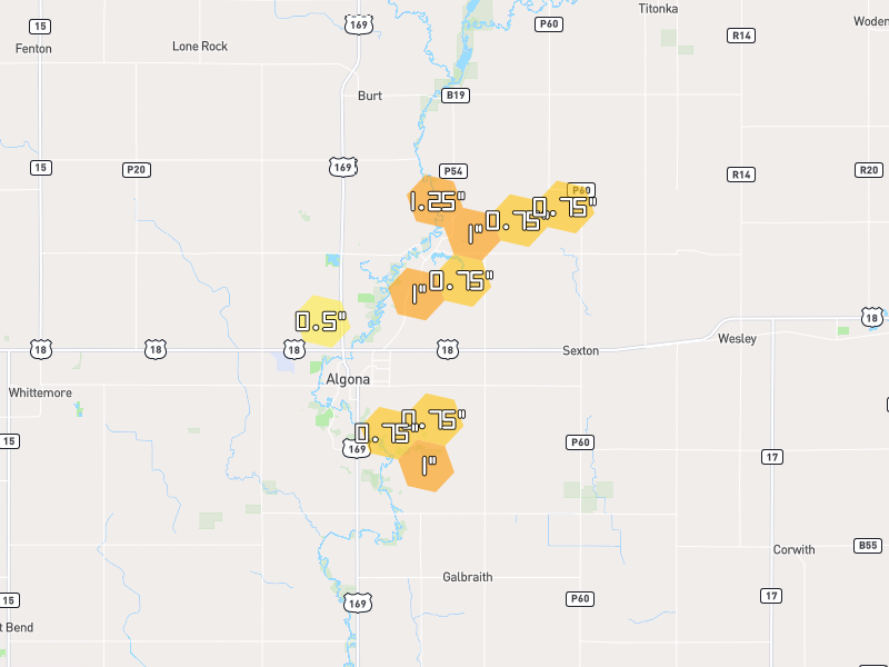 Hail map of Algona, IA on Jul 2, 2026, hail up to 1.25"