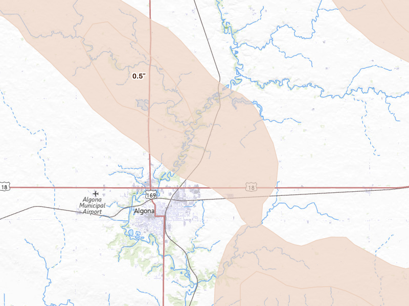 Radar-estimated hail-size map of the storm over Algona, IA on Jul 20, 2026