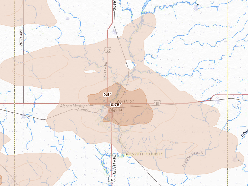 Radar-estimated hail-size map of the storm over Algona, IA on Aug 8, 2026