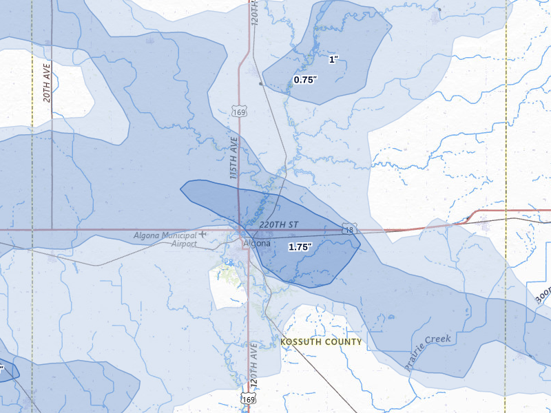 NEXRAD radar-signature map of the hail storm over Algona, IA on Aug 8, 2026