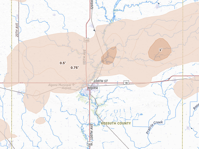 Radar-estimated hail-size map of the storm over Algona, IA on Sep 1, 2026