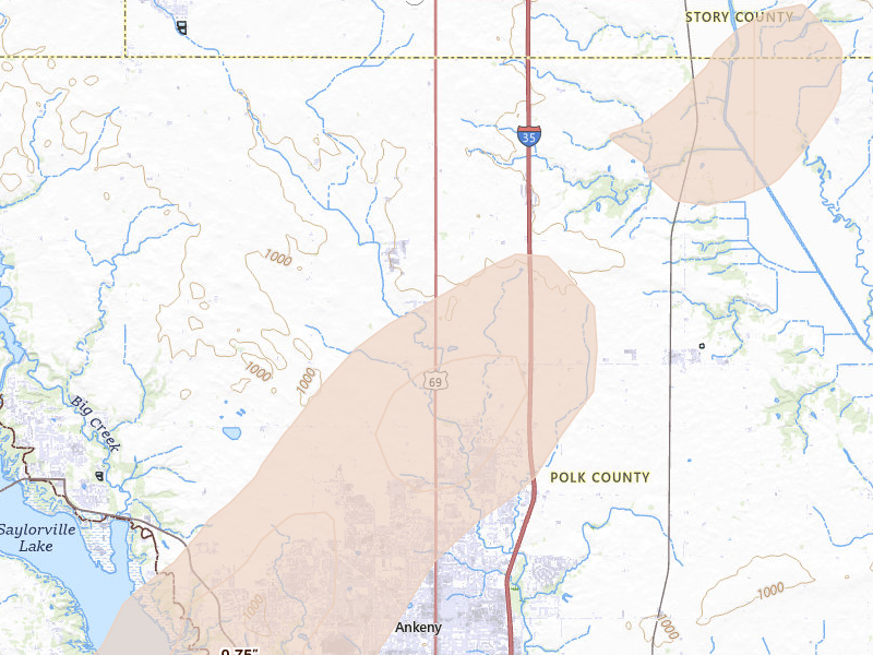 Radar-estimated hail-size map of the storm over Alleman, IA on Mar 6, 2026