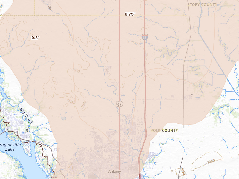 Radar-estimated hail-size map of the storm over Alleman, IA on Jun 11, 2026