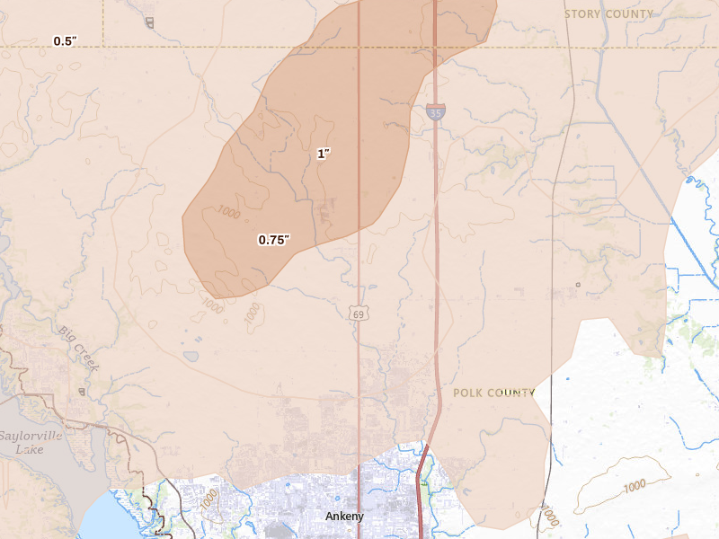 Radar-estimated hail-size map of the storm over Alleman, IA on Jul 2, 2026