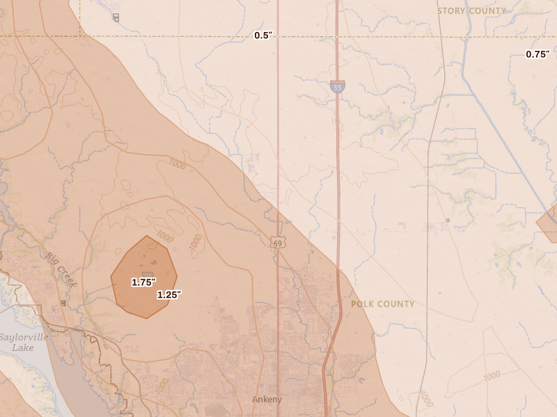 Radar-estimated hail-size map of the storm over Alleman, IA on Jul 20, 2026