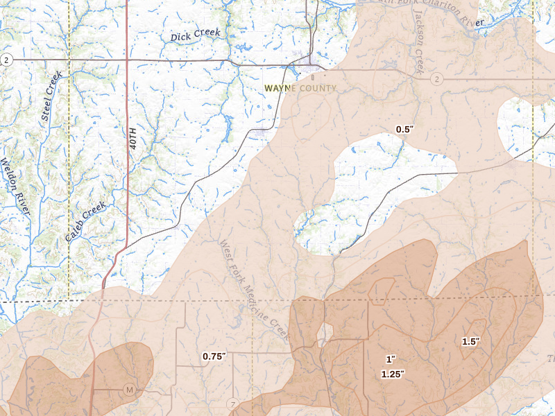 Radar-estimated hail-size map of the storm over Allerton, IA on Apr 17, 2026