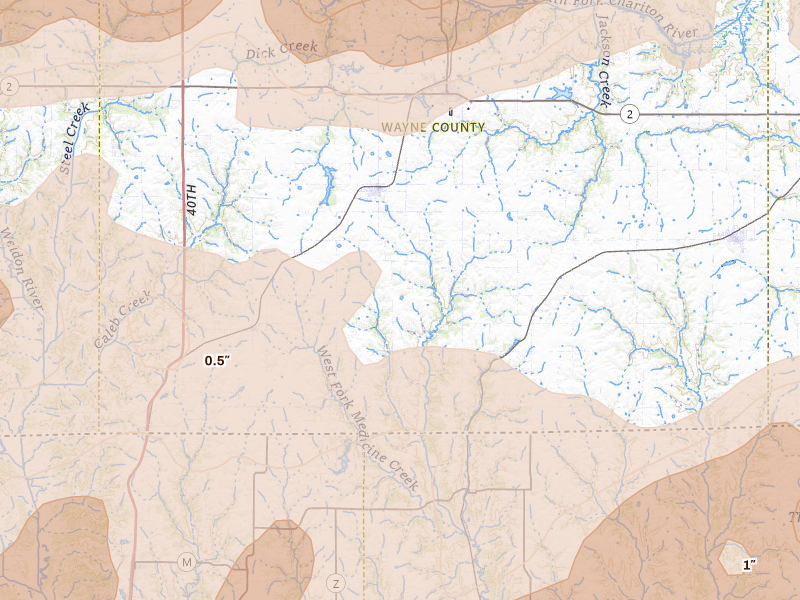 Radar-estimated hail-size map of the storm over Allerton, IA on Jun 11, 2026