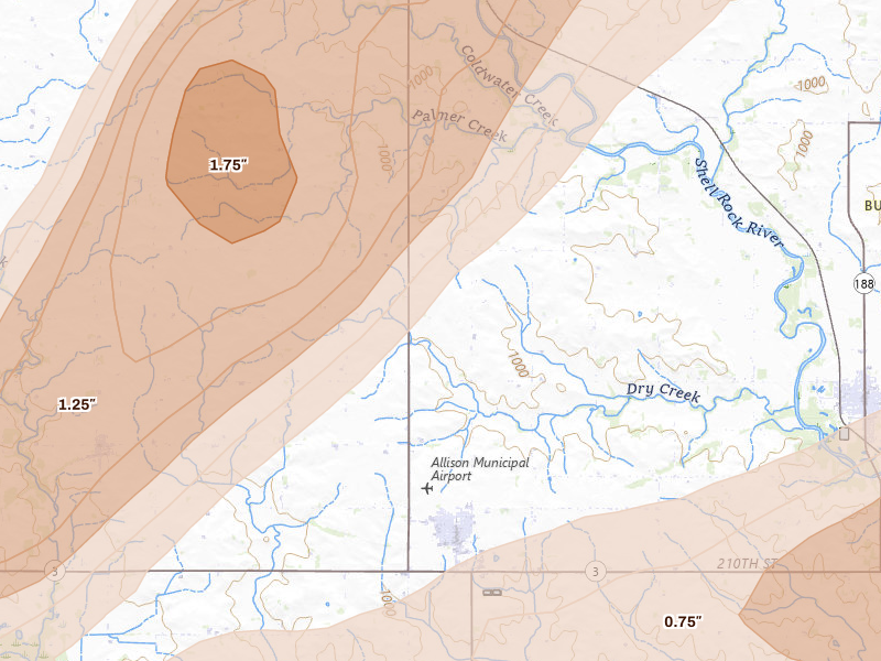 Radar-estimated hail-size map of the storm over Allison, IA on Apr 14, 2026