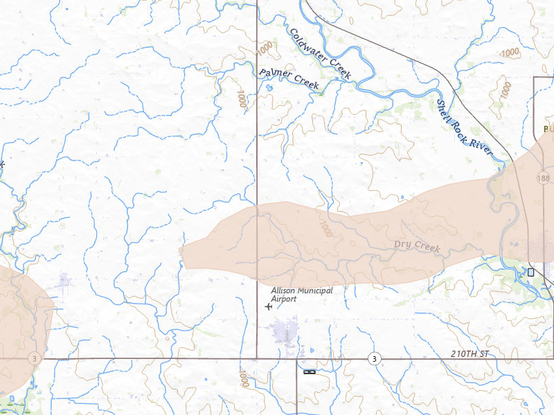 Radar-estimated hail-size map of the storm over Allison, IA on Aug 10, 2026
