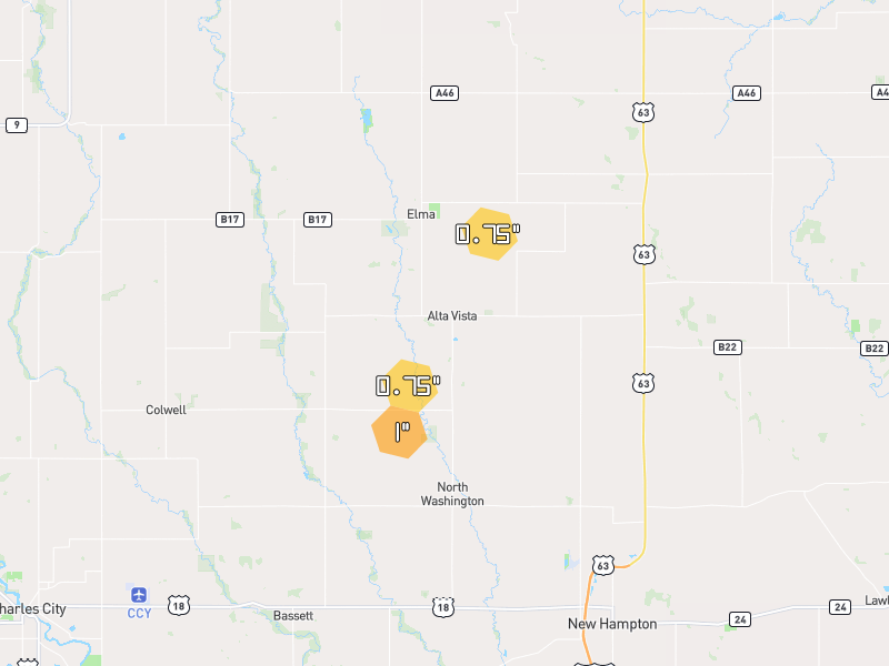 Hail map of Alta Vista, IA on Jul 2, 2026, hail up to 1"