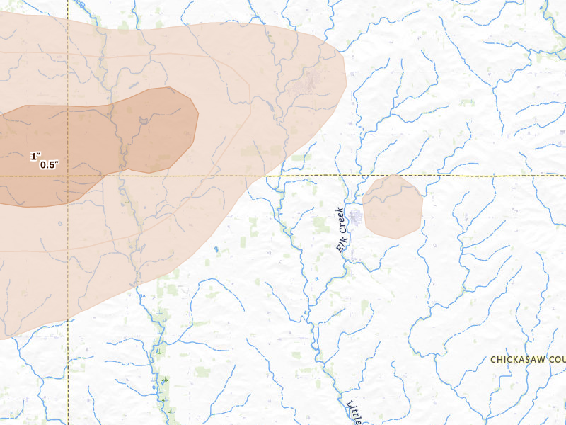 Radar-estimated hail-size map of the storm over Alta Vista, IA on Aug 11, 2026