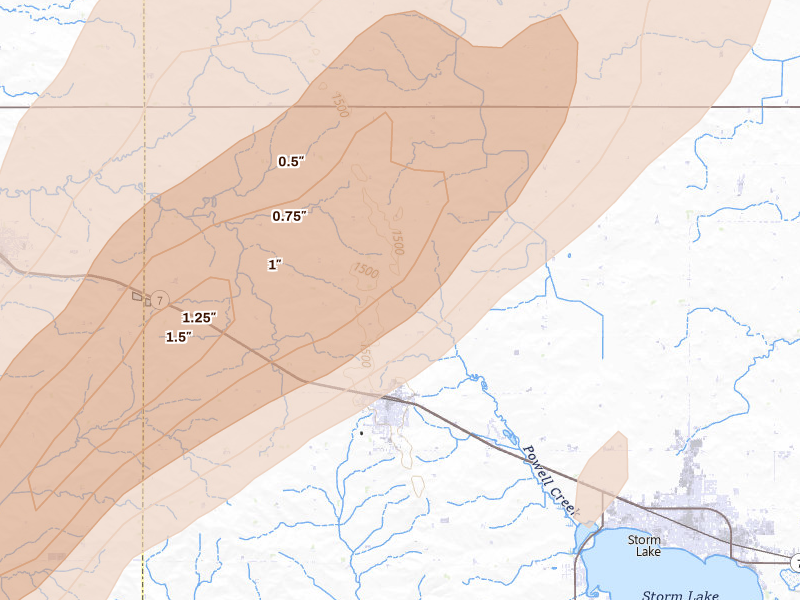 Radar-estimated hail-size map of the storm over Alta, IA on Apr 23, 2026